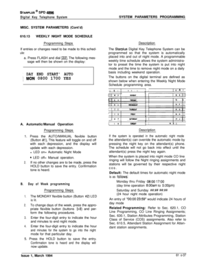 Page 276STARPLUS @ SPD 4896
Digital Key Telephone SystemSYSTEM PARAMETERS PROGRAMMING
MISC. SYSTEM PARAMETERS (Cont’d)
610.13WEEKLY NIGHT MODE SCHEDULE
Programming Steps
If entries or changes need to be made to this sched-
ule:a. Press FLASH and dial 
[22]. The following mes-
sage will then be shown on the display:
;DAY END START AUTO
j &ION 0800 1700 YESDescription
The 
Starplus Digital Key Telephone System can be
programmed so that the system is automatically
placed into and out of night mode. A programmable...