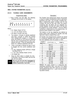 Page 280STARPLUS @ SPD 4696
Digital Key Telephone SystemSYSTEM PARAMETERS PROGRAMMING
MISC. SYSTEM PARAMETERS (Cont’d)
610.15FLEXIBLE CARD ASSIGNMENTS
Programming Steps
I. Press FLASH and dial 
[24]. The following
message will be shown on the display:
SLOT -sssscccc
SSS#######Where:
- S= Station Board (KT12)
- C= CO Line Board (CO12)
- #= Blank (unused card slot)
2.The buttons I through I2 indicate peripheral
card slots I through 12. When the Flexible
Card Assignments program is initially en-
tered, Flex Button...