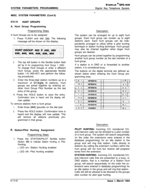 Page 281STARPLUS @ St% 4696
SYSTEM PARAMETERS PROGRAMMING
Digital Key Telephone SystemMISC. SYSTEM PARAMETERS (Cont’d)
610.16
HUNT GROUPS
A. Hunt Group Programming
Programming Steps
If Hunt Groups are to be assigned:
1. Press FLASH and dial 
[30]. The following
message will be shown on the display:
2.The top left button in the flexible button field
will be lit for programming Hunt Group 1 (450).To change Hunt Groups or enter a different
Hunt Group, press the appropriate flexible
button 1-8 (450-457) and perform...