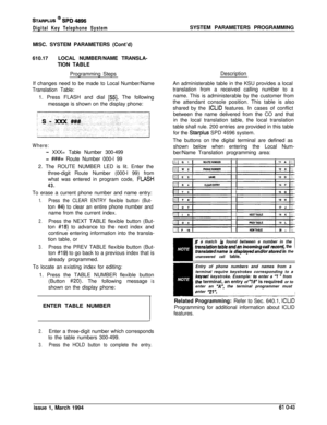 Page 282STARPLUS @ Si’D 4896
Digital Key Telephone SystemSYSTEM PARAMETERS PROGRAMMING
MISC. SYSTEM PARAMETERS (Cont’d)
610.17LOCAL NUMBER/NAME TRANSLA-
TION TABLE
Programming Steps
If changes need to be made to Local Number/Name
Translation Table:
1. Press FLASH and dial 
[55]. The following
message is shown on the display phone:
Where:
- XXX= Table Number 300-499
- ###= Route Number 000-l 99
2. The ROUTE NUMBER LED is lit. Enter the
three-digit Route Number (000-l 99) from
what was entered in program code,...