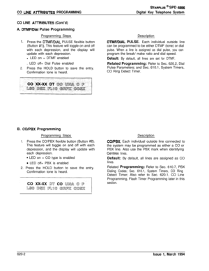 Page 287CO LINE AlTRIBUTES PROGRAMMING
STARPLUS @ SPD 4896
Digital Key Telephone System
CO LINE 
AlTRIBUTES (Cont’d)A. 
DTMF/Dial Pulse Programming
1.
2.Programming Steps
Press the 
DTMFIDIAL PULSE flexible button
(Button 
#l). This feature will toggle on and off
with each depression, and the display will
update with each depression.
l LED on = DTMF enabled
. LED off= Dial Pulse enabled
Press the HOLD button to save the entry.
Confirmation tone is heard.
B. 
CO/PBX Programming
Programming Steps
1.Press the...