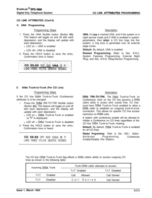 Page 288STARPLUS @ SPD 4896Digital Key Telephone System
CO LINE 
AlTRIBUTES PROGRAMMING
CO LINE ATTRIBUTES (Cont’d)
C. UNA Programming
Programming Steps
1. Press the UNA flexible button (Button 
#3).This feature will toggle on and off with each
depression, and the display will update with
each depression.
l LED on = UNA is enabled
l LED off= UNA is disabled
2. Press the HOLD button to save the entry.
Confirmation tone is heard.Description
UNA. If a iine is marked UNA, and if the system is in
night service mode...