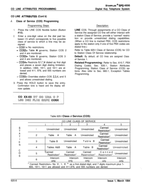 Page 293STARPLUS @ SPD 4896
CO LINE ATTRIBUTES PROGRAMMINGDigital Key Telephone System
CO LINE 
AlTRIBUTES (Cont’d)
J.Class of Service (COS) ProgrammingProgramming Steps
1.Press the LINE COS flexible button (Button
#lO).
2.Enter a one-digit value on the dial pad be-
tween l-5 which corresponds to five possible
class of service to which a line may be as-
signed:
- COSI = No restrictions.
- COS2= Table A governs, Station COS 2
and 4 are monitored.
- COS3= Table B governs, Station COS 3
and 4 are monitored.
- COS4=...