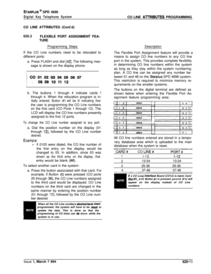 Page 298STARPLUS @ SPD 4696
Digital Key Telephone SystemCO LINE ATWBUTES PROGRAMMING
CO LINE ATTRIBUTES (Cont’d)
620.3
FLEXIBLE PORT ASSIGNMENT FEA-
TURE
Programming Steps
If the CO Line numbers need to be relocated to
different ports:
a. Press FLASH and dial 
[42]. The following mes-
sage is shown on the display phone:
:  
““Oll~~~~06071
b. The buttons 1 through 4 indicate cards 
1through 4. When the relocation program is in-
itially entered, Button #l will be lit indicating thatthe user is programming the CO...