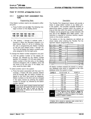 Page 324STARPLUS @ SPD 4696Digital Key Telephone System
STATlON AlTRIBUTES PROGRAMMING
PAGE “B” STATION 
AlTRIBUTES (Cont’d)
630.4
FLEXIBLE PORT ASSIGNMENT FEA-
TURE
Programming Steps
If the Station numbers need to be relocated to differ-
ent ports:
a. Press FLASH and dial 
[52]. The following mes-
sage is shown on the display phone:
b. The buttons 1 through 8 indicate cards 1
through 8. When the relocation program is in-
itially entered, Button #1 will be lit indicating thatthe user is programming the Station...