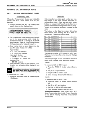 Page 341AUTOMATlC CALL DISTRIBUTION (ACD)
STARPLUS @ SPO 4696
Digital Key Telephone SystemAUTOMATIC CALL DISTRIBUTION (Cont’d)
646.3ACD RAN ANNOUNCEMENT TABLES
Programming Steps
If Recorded Announcement devices are installed to
operate with ACD, these tables must be pro-
grammed:
a. Press FLASH and dial 
[62]. The following mes-
sage is shown on the display phone:
b. The top left button in the flexible button field will
be lit for programming ACD RAN An-
nouncement Table 1. To change to ACD RAN
Announcement...