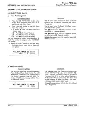 Page 343AUTOMATlC CALL DISTRIBUTION (ACD)
STARPLUS @ SPD 4896Digital Key Telephone System
AUTOMATlC CALL DISTRIBUTION (Cont’d)
ACD EVENT TRACE (Cont’d)
B.Trace Port Assignment
Programming Steps
1.Press the ACD PRINT PORT flexible button
(Button 
#2) to determine which port is to be
used for the ACD Event Trace.
2.Enter a one-digit number for the ACD Event
Trace Port number:
- [l] = Port #I (CPU “On-Board” RS232C)(Future Use)
- [2] = Port #2 (“On-Board” Modem)
- [3] = Port #3 (Backplane RS-232C)
- [4] = Port #4...