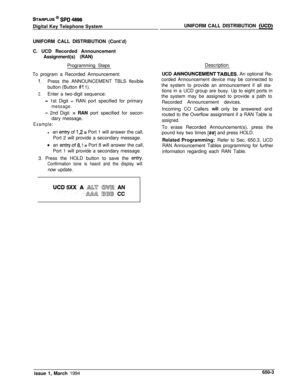 Page 352STARPLUS @ SPD 4896Digital Key Telephone System
UNIFORM CALL DISTRIBUTION (Cont’d)
C. UCD Recorded Announcement
Assignment(s) (RAN)
Programming Steps
To program a Recorded Announcement:
1.Press the ANNOUNCEMENT TBLS flexible
button (Button 
#l 1).
2.Enter a two-digit sequence:
- 1st Digit = RAN port specified for primary
message.
- 2nd Digit = RAN port specified for secon-
dary message.
Example:lan 
entry of 1,2 = Port 1 will answer the call,
Port 2 will provide a secondary message.
0an enty.of 81 = Port...