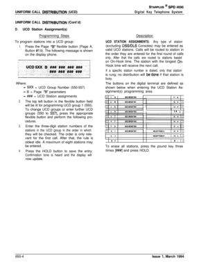 Page 353STARPLUS @ SPD 4696
UNIFORM CALL 
DlSTRlBUTlON (UCD)
UNIFORM CALL 
DlSTRlBUTlON (Cont’d)
D.UCD Station Assignment(s)
Programming Steps
Digital Key Telephone SystemDescription
To program stations into a UCD group:
1.Press the Page “B” flexible button (Page A,
Button 
#I 9). The following message is shown
on the display phone.
UCD STATION ASSIGNMENTS. Any type of station(excluding 
DSS/DLS Consoles) may be entered as
valid UCD stations. Calls will be routed to station in
the order they are entered for the...