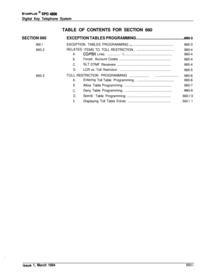 Page 367STARPLUS @ SPD 4896
Digital Key Telephone SystemTABLE OF CONTENTS FOR SECTION 660
SECTION 660
660.1660.2
660.3
EXCEPTION TABLES PROGRAMMING................................................660-3EXCEPTIONTABLESPROGRAMMING 
.:.....................................................660-3
RELATED
ITEMSTO TOLLRESTRICTION..
................................................660-4
A.CO/PBXLines..I.............................................................................660-4
B.ForcedAccount...