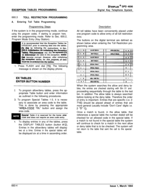 Page 371EXCEPTlON TABLES PROGRAMMING
STARPLUS @ SPD 4696
Digital Key Telephone System660.3
TOLL RESTRICTION PROGRAMMING
A.Entering Toll Table ProgrammingProgramming Steps
If the system is in the programming mode, continue
using the program codes. If starting to program here,enter the programming mode. Refer to Sec. 600.2,
Program Mode Entry (Key Station).
It is recommended that the Exception Tables be
initialized prior to entering data into the tables.
;.Dothis by following the
instructionsin Sec....