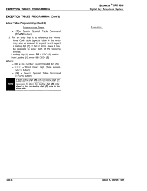 Page 373EXCEPTiON TABLES PROGRAMMING
STARPLUS @ SPD 4696
Digital Key Telephone System
EXCEPTlON TABLES PROGRAMMING (Cont’d)
Allow Table Programming (Cont’d)
Programming Steps
- {S)= Search Special Table Command
(TRANS button)
2. For an entry that is to reference the Home
Area Code table (special table 4) the entry
may also be entered to expect or not expect
a leading digit [l]. In fact in some cases it maybe desirable to enter both of the following
entries;
Leading digit [I]: enter 
BB 1 DDD {S} and/or
Non...