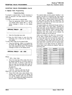 Page 375EXCEPTlON TABLES PROGRAMMING
STARPLUS @ St’D 4696
Digital Key Telephone SystemEXCEPTION TABLES PROGRAMMING (Cont’d)
D. Speciai Table Programming
Programming Steps
To program a special table, it is first necessary to
assign an area.code to the table (except for the homearea code).
To assign an area code to a special table:
1.Press the appropriate AREA CODE TABLE
(l-4) flexible button (button 
#9-l 1). The fol-
lowing message is shown on the display
phone:
2.Enter the three-digit area code.
3. Press the...