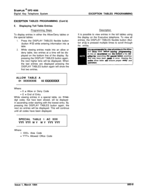 Page 376STARPLLJS @ SPD 4696
Digital Key Telephone SystemEXCEPTION TABLES PROGRAMMING
EXCEPllON TABLES PROGRAMMING (Cont’d)
E.Displaying Toll Table Entries
Programming Steps
To display entries in either the Allow/Deny tables or
the special tables:
1.Press the DISPLAY TABLES flexible button
(button 
#12) while entering information into a
table.
2.While viewing entries made into an allow or
deny table, two entries at a time will be dis-
played on the bottom line of the display. By
pressing the DISPLAY TABLES...