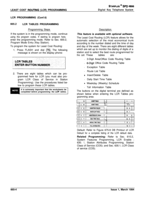 Page 381STARPLUS @ SPD 4896LEAST COST 
ROUTlNG (LCR) PROGRAMMINGDigital Key Telephone SystemLCR PROGRAMMING (Cont’d)
665.2
LCR TABLES PROGRAMMING
Programming Steps
If the system is in the programming mode, continue
using the program codes. If starting to program here,enter the programming mode. Refer to Sec. 600.2,
Program Mode Entry (Key Station).
To program the system for Least Cost Routing:
1. Press FLASH and dial 
[75]. The following
message is shown on the display phone:
2. There are eight tables which can...