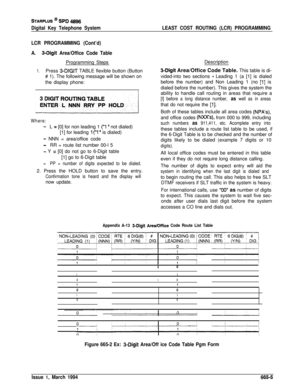 Page 382STARPLUS * SPD 4896
Digital Key Telephone SystemLEAST COST ROUTING (LCR) PROGRAMMING
LCR PROGRAMMING (Cont’d)
A.
3-Digit Area/Office Code TableProgramming Steps
1.Press 3-DIGIT TABLE flexible button (Button
# 1). The following message will be shown on
the display phone:
Where:
-L = [0] for non leading 1 (,,I ” not dialed)
[1] for leading 
I(“1 ” is dialed)
- NNN = area/office code
-RR = route list number 00-l 5
- Y = [0] do not go to 6-Digit table
[1] go to 6-Digit table
-PP = number of digits expected...