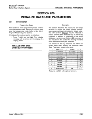 Page 393STARPLUS * SPD 4696
Digital Key Telephone SystemINITIALIZE DATABASE PARAMETERS
SECTION 670
INlTiALlZE DATABASE PARAMETERS
670.1INTRODUCTION
Programming Steps
If the system is in the programming mode, continue
using the program codes. If starting to program here,
enter the programming mode. Refer to Sec. 600.2,
Program Mode Entry (Key Station).
If Database Parameters need to be initialized:
1. Press FLASH and dial 
[80]. The following
message will be shown on the display of a
display phone:Description...