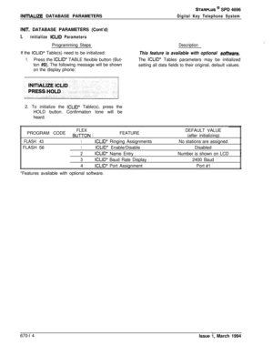 Page 406INlTlALlZE DATABASE PARAMETERS
STARPLUS @ SPD 4696
Digital Key Telephone System
INlT. DATABASE PARAMETERS (Cont’d)
I.initialize ICLID ParametersProgramming Steps
If the 
ICLID* Table(s) need to be initialized:
1.Press the lCLlD* TABLE flexible button (But-
ton 
#9). The following message will be shown
on the display phone:
Description,‘
This feature is available with optional software.The 
ICLlD* Tables parameters may be initialized
setting all data fields to their original, default values.
2. To...