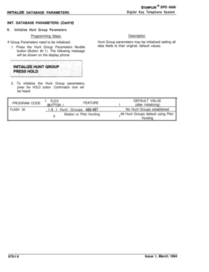 Page 408STARPLUS @ SPD 4696
Digital Key Telephone SystemlNlTlALlZE DATABASE PARAMETERS
INIT. DATABASE PARAMETERS 
(Co&d)
K.Initialize Hunt Group ParametersProgramming Steps
If Group Parameters need to be initialized:
1. Press the Hunt Group Parameters flexible
button (Button 
#l 1). The following message
will be shown on the display phone:Description
Hunt Group parameters may be initialized setting all
data fields to their original, default values.
2. To initialize the Hunt Group parameters,
press the HOLD...