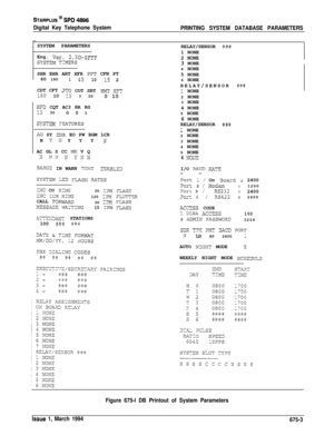 Page 415STARPLUS @ SPD 4896
Digital Key Telephone System
PRINTING SYSTEM DATABASE PARAMETERSSYSTEM PARAMETERS
Eng. 
Ver.2.3D-OFFFSYSTZM TPIEISaSHR EHR ART XFR 
PFT CFN PT
60 180
145
1015 2
CDT CFT 
_ _DmO COT SRT ?lWT HCT18010 15 3 20
0 10
HFD CQT AC3 RR RG10 30
0 0 3
SYSTZM ZATURES
A0 SY 9NR EO PW BGM LCR
N
YX YYYNAC GL S CC 
MH V QN NY N YSN
3ARG2IN WARN TON?ZNAiJL,?3
SYSTEMLZD SLASH RATZS
INC CO FNG30 I?M FLAS%INCICM RISG120 13M SLiJTT7RCALLTORWA??30 11M FLASH-XESSAGE WAZING15IPM TLASH
AT3TxIqT STATIONS
100...