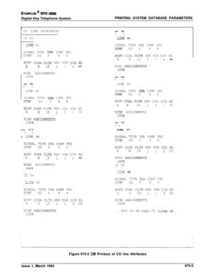 Page 417STARPLUS@ SPD4996Digital Key Telephone SystemPRINTING SYSTEM DATABASE PARAMETERS
r
co 05
--
LiNE 05
CO LINE ATTRIBUTES
co 01
LINE 01SIGNAL TYPE UNA CONF PRI
DTMF CO YY YSIGNAL TYPE C?A CONF PRIDTMF co Y
Y Y
SrjPV DISA FLTM GRP COS DIR RDx\T13 1 12JOSi;SV 3iSA lLTM GRP COS DiR 3D
NN1011200RING ASSZG1WZNTS
100s
RING ASSIGNMENTS
1009co 06
--
LINE 06co 02
--
LINE 02SIGNAL TYPE UNA CONF DRIDTMF CO YY YSIGNAL TYPE LTNA CONF PRI
DTPP co Y _ -v vSUPV 3ISA FLTX GRP COS DIR RD
N N 1011200
COS DIR RD12003iNG...