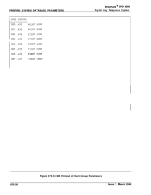 Page 442PRINTING SYSTEM DATABASE PARAMETERSSTARPLUS ’ SPD 4996
Digital Key Telephone System
iXTNT GXOUPS
HGO..450
:iG1..451
!iG2..452
XG3..453
:%a..454
ZG5..455
iiG6..456
EiG7..457
=TLOT XJNT--
TLOT IFIUNT--
3TTOT XJNT_ --1
?ILOT :3UNT
xLOT 3mT_-
?ILOT :mNTPILOT 
:XJNT
=TLOT --XUNTFigure 675-13 DB Printout of Hunt Group Parameters
675-30Issue 1, March 1994 