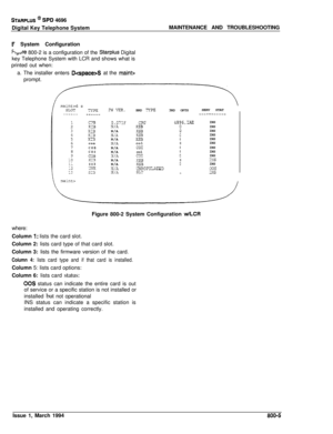 Page 453STARPLUS @ SPD 4696
Digital Key Telephone SystemMAINTENANCE AND TROUBLESHOOTING
F System Configuration
Ftl,Jre 800-2 is a configuration of the Starpius Digital
key Telephone System with LCR and shows what is
printed out when:
a. The installer enters 
DS at the mainbprompt.
TY?E_--_--
C?SKI3XI3KIIBIi;3coa
COB
CO3
COB1x13II3
a??