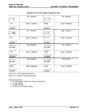 Page 467STARPLUS @ SPD 4696
Digital Key Telephone SystemCUSTOMER DATABASE PROGRAMMING
Appendix A-5 CO Line Ringing Assignment Chart
.,.. :DAY RINGINGDAY RINGING
co LINE:‘CO LINE:
j
 TYPE:I
/  NUMBER:
.,co 
ilNE
/TYPE.I  
*NIGHT RINGING
DAY RINGING
NIGHT RINGING
jNpE: I
/
I
I
I  NUMBER:
CO LINE:
TYPE.NIGHT RINGING
1
13Av RINGING
NIGHT RINGING
I  NUMBER:
II
I
/NUMBER:
/‘TYPE:INIGHT RINGING
/NUMBER: !
NUMBER:
-Button 
#I 1 = Enter Ringing Assignments
Button 
#17 = Display Ringing Assignments
Ringing Assignments:
0...