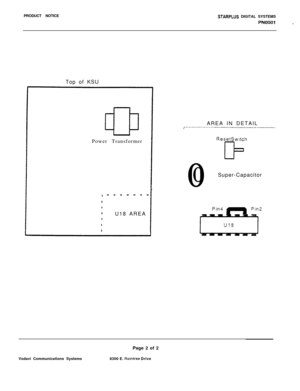 Page 493PRODUCT NOTICESTARPLUS DIGITAL SYSTEMS
PNOOOl .
Top of KSU
Power Transformer
,-w----m
I
t
IU18 AREA
I
I
IAREA IN DETAIL
,r-----------.--.‘.-.---------.-----------------.-----------.
ResetSwitch
cl=00Super-Capacitor
Vodavi Communications SystemsPage 2 of 2
8300 E. 
Raintree Drive 