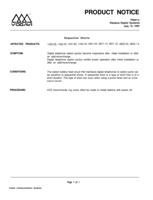 Page 513PRODUCT NOTICEPNOOI 8
Starplus Digital Systems
July 
l&1995Sequentiai Shorts
AFFECTED PRODUCTS:
14oo-oo. 1402-00. 1431-00, 1432-00,2831-00,2831-10,2831-20, 4832-00,4832-l 0
CONDITIONS:SYMPTOM:Digital telephone station port(s) become inoperative after 
-initial installation or after
an add/move/change.
Digital telephone station port(s) exhibit erratic operation after initial installation or
after an add/move/change.
The station battery feed circuit 
ihat interfaces digital telephones to station ports can...