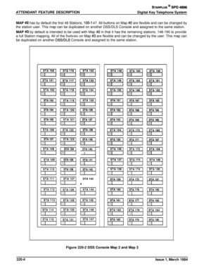 Page 75ATTENDANT FEATURE DESCRIPTION
STARPLUS @ SPD 4996
Digital Key Telephone System
MAP 
#2 has by default the first 48 Stations, 100-l 47. All buttons on Map ##2 are flexible and can be changed by
the station user. This map can be duplicated on another DSS/DLS Console \
and assigned to the same station.
MAP 
#3 by default is intended to be used with Map #2 in that it has the remaining stations, 148-195 to provide
a full Station mapping. All of the 
buttons on Map #3 are flexible and can be changed by the...