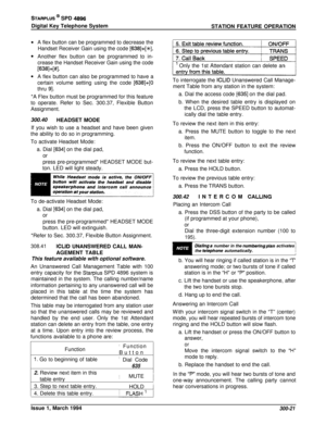 Page 97STARPLUS @ SPD 4896Digital Key Telephone System
STATION FEATURE OPERATION
A flex button can be programmed to decrease the
Handset Receiver Gain using the code 
[638]+[+%].Another flex button can be programmed to in-
crease the Handset Receiver Gain using the code
[638]+[#].A flex button can also be programmed to have a
certain volume setting using the code 
[638]+[0thru 
91.*A Flex button must be programmed for this feature
to operate. Refer to Sec. 300.37, Flexible Button
Assignment.300.40
HEADSET MODE...