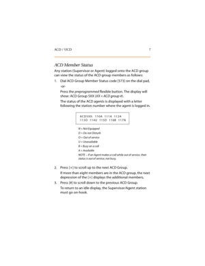Page 22ACD / UCD 7
ACD Member Status
Any station (Supervisor or Agent) logged onto the ACD group 
can view the status of the ACD group members as follows:
1. Dial ACD Group Member Status code [573] on the dial pad,
-or-
Press the preprogrammed flexible button. The display will 
show: ACD Group 5XX (XX = ACD group #).
The status of the ACD agents is displayed with a letter 
following the station number where the agent is logged in.
.
N = Not Equipped
D = Do not Disturb
O = Out of service
U = Unavailable
B = Busy...