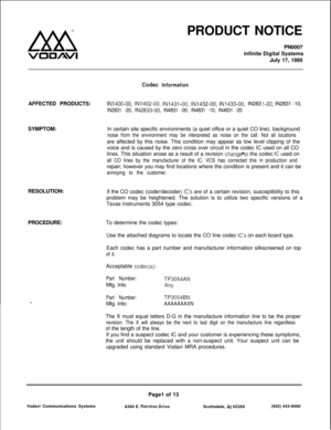 Page 109Lxxx
VOUAVSPRODUCT NOTICE
PN0007
infinite Digital Systems
July 17, 1995
Codec InformationAFFECTED PRODUCTS:
INI400-00, INI402-00, INI431-00, lNI432-00, lN1433-00, IN283
IN2831 -20, iN2833-00, IN4831 -00, IN4831 -10, IN4831 -20
I-00, IN2831 -10,
SYMPTOM:In certain site specific environments (a quiet office or a quiet CO line), background
noise from the environment may be interpreted as noise on the call. Not all locationsare affected by this noise. This condition may appear as low level clipping of the...