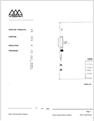 Page 113AFFECTED PRODUCTS:IN1
codSYMPTOM:
RESOLUTION:
RerPROCEDURE:
Puz
pos
One
onto
kit f
Onefror
vi
‘I
irW
I-laa
IaI
%
connectorfor digltalstations a
CODE
I
I U1102[
I
: u1202II
: U1302 1II
lN2831-00
--
Page 7 I
Vodavi Communications Systems
Vodavi Communications Systems8300 E. 
Raintree Drw 