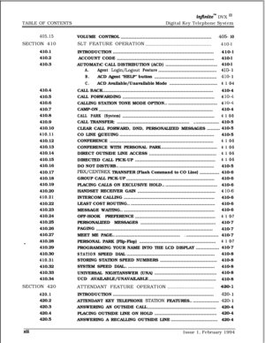 Page 13TABLE OF CONTENTSintnitem DVX ‘I1Digital Key Telephone System
405.15SECTION 410
410.1
410.2
410.3
410.4
410.5
410.6
410.7
410.8
410.9
410.10
410.11410.12
410.13
410.14
410.15
410.16
410.17
410.18
410.19
410.20
410.21410.22
410.23
410.24
410.25
410.26
410.27
410.28
m410.29
410.30
410.31410.32
410.33
410.34
SECTION 420
420.1420.2
420.3
420.4
420.5VOLUME CONTROL
......................................................................
405- 10SLT FEATURE OPERATION...