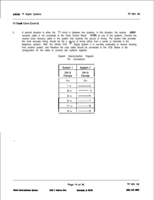 Page 132infinite TM Digital SystemsTF NO: 58
Tl Tnrnk Card (Cont’d)
2.A second situation is when the Tl circuit is between two systems. In this situation, the receive clock
recovery cable is not connected to the Voice Control Board 
(VCB) at one of the systems. Connect the
receive clock recovery cable in the system that receives the source of timing. The system that provides
the most accurate timing should be the s
telephone system). With the infinite DVX
PHrce of timing (either from a carrier or internally in...