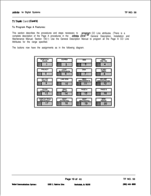 Page 137infinite TM Digital SystemsTF NO: 58
Tl Tn& Card (Cont’d)
To Program Page A Features:
This section describes the procedures and steps necessary to progrpCO Line attributes. (There is a
complete description of the Page A procedures in the 
infinite DVXGeneral Description, Installation and
Maintenance Manual; Section 720.1) Use the General Description Manual to program all the Page A CO Line
Attributes for the range specified.
The buttons now have the assignments as in the following diagram.
Page19of 46TF...