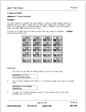 Page 158hWte TM Digiil SystemsTF NO: 58
Tl Tndc Card (Cont’d)
Inttialiiation of Tl System Parameters
Descr#bn:
This section describes the procedures and steps necessary to initialize the system database returning any
programmed data to its original or default value. The entire system database may be initialized or various
portions of the database may be individually initialized. In addition to initialization of the entire database, a
system reset (Button 
##20) command can also be used.
The buttons on the...