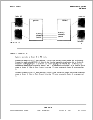 Page 170PRODUCT NOTICEINFINITE DIGITAL SYSTEMS
INPN0032
Station 1100
System A
Trunk Group
connected tcSystem B
Dial 1100 Dial 2101System 
6Trunk Group
connected to
System AStation 2100
Station 
2101
AEXAMPLE APPLICATION:
System A connected to System B via TIE trunks.Program the leading digit 1 (FLASH 09 Button 
1, dial 8 on the keypad) to be a leading digit on System A.
Program the leading digit 
2(FLASH 09 Button 2, dial 8 on the keypad) to be a leading digit on System B.
Enable the leading digit option on...