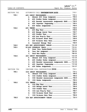 Page 19TABLE OF CONTENTS
infinitem DVX ‘I1
Digital Key Telephone SystemSECTION 745
745.1
745.2
745.3
745.4
745.5SECTION 750
750.1
-
750.2
750.3AUTOMATIC CALL 
DISTRIBUTION (ACD).............................745-l
ACD GROUP PROGRAMMING.........................................................745- 1
A.Alternate ACD Group Assignment.....................................
745-2
B.ACD Overflow Station Assignment....................................
745-2
C.
ACD Recorded Announcement Assignment(s) (RAN)..........
745-3...