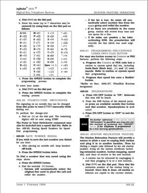 Page 199in.t.kitem DVX I’Digital Key Telephone System
STATION FEATURE OPERATION
a. Dial 
16901 on the dial pad.
b. Enter the name (up to 7 characters may beentered) by using keys on the dial pad as
follows:
A=21
B 
=22C 
=23D 
=31E 
=32F 
=33G 
=41H 
=42I 
=43J 
=51K 
=52L 
=53M 
=611 =l#“ =(-)IN 
=622 =2#, =020 
=633 =3#? =03
P=714 =4#/ =04
Q =745 =5#! =*1R 
=726 =6#$ =*2s 
=737 =7#& =*4
T=818 =8#* =*#U 
=829 =9#(=#lv 
=830 =O#) =#2
w=91Space =l 1+ =#3x 
=92: =12= =#4Y 
=93- =13
# =##
z =94’ =14ic. Press the...