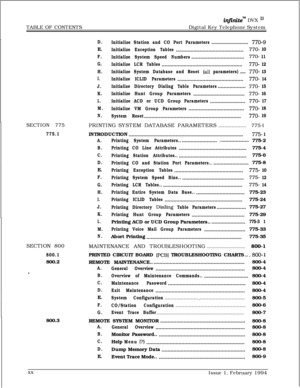 Page 21TABLE OF CONTENTSinf2nite” DVX ‘I1Digital Key Telephone System
SECTION 775
775.1SECTION 800
800.1800.2
-
D.
Initialize Station and CO Port Parameters.........................770-9E.
Initialize Exception Tables..............................................770- 10
F.
Initialize System Speed Numbers....................................
770- 11
G.
Initialize LCR Tables.......................................................
770- 12
H.Initialize System Database and Reset 
(all parameters).....770- 13...