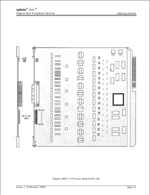 Page 264+5v-5V
CO In Use
LED’s
I.
infznite” DVX I’Digital Key Telephone System
INSTALLATION
-,-Figure 500-l 1 CO Line Board (CO 12)
Issue 1, February 1994
500-17 