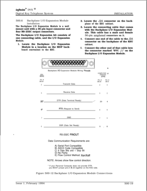 Page 266infznitem DVX I’Digital Key Telephone System
INSTALLATION
500.6Backplane I/O Expansion Module
Installation
The Backplane I/O Expansion Module is a wallmount unit with a 36-pin input connector and
four RS-232C output connectors.
The Backplane I/O Expansion kit consists of
one connecting cable, and the I/O Expansion
Module.1. Locate the Backplane I/O Expansion
Module in a location on the MDF back-
board convenient to the KSU.2. Locate the 
524 connector on the back-
plane of the KSU cabinet.3. Locate the...