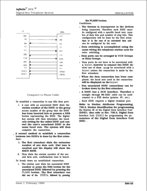 Page 281infrnitem DVX I’Digital Key Telephone System
INSTALLATION
PCDDIU1
 GND
TD2If------b. 2RD
IiD p-1 3TD
SG77SG
RTS 4
b 4RTS
CTSS45 CTS
DTR 
20b PODTR
DSRG16 DSR
DCDB1BDCD
RI 22422 RI
TXCLKi54ISTXCIKRXCLKi74I’IRXTLKComputer to Phone Cable
To establish a connection to any idle data port:
1.A user with an associated DDIU dials thestation number of the DDIU or the group
access number of the group that the DDIUhas been inserted into or presses a DSS
button representing the DDIU. The digital
key system will then...