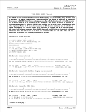 Page 282INSTALLATIONinfznite” DVX I’Digital Key Telephone System
Table 500-6 SMDR Printout
The SMDR feature provides detailed records of all outgoing and/or Incoming, long distance only
or all calls. The SMDR Qualification Timer determines the length of time that is needed to
determine a valid SMDR call for reporting purposes. By default, this timer is set to 30 seconds
and is variable from 00 to 60 seconds in 1 sec. Increments. This feature is enabled or disabled insystem programming. By default, SMDR is not...