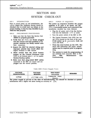 Page 283inrtrzite” DVX ‘I1Digital Key Telephone System
SECTION 600
SYSTEM CHECK-OUTSYSTEM CHECK-OUT
600.1INTRODUCTION
Prior to actual power up and initialization, the
inJntie Digital Key Telephone System should bechecked over to avoid start up delays or im-
proper loading. A step-by-step checklist is pro-
vided for this purpose.
600.2PRELIMINARY PROCEDURES
1.Make sure that the Basic Key Service Unit(BKSU) is properly grounded.
2. Verify that all 
PCB’s are firmly plugged
into the correct card slot positions or...