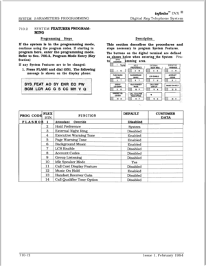 Page 331@initem DVX In
SYSTEM PARAMETERS PROGRAMMINGDigital Key Telephone System
710.2SYSTEM FEATURES PROGRAM-
MlNG
Programming StepsDescriptionIf the system is in the programming mode,
continue using the program codes. If starting toprogram here, enter the programming mode.
Refer to Sec. 700.2, Program Mode Entry (Key
Station)
If any System Features are to be changed:1. Press FLASH and dial (051. The following
message is shown on the display phone:This section describes the procedures and
steps necessary to...