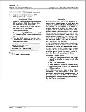 Page 350infrnitem DVX I’Digital Key Telephone System
SYSTEM PARAMETERS PROGRAMMING
RELAY/SENSOR 
PROGRAMMING (Cont’d)
G.Program sensing circuit as a RAN
Sensing (RAN END) circuit:
Programming Steps
1.Press the appropriate flex button 12 thru
15 to indicate which Relay/Sensor Inter-
face Module is to be programmed.
2.Press flex buttons (4-6) to select the sens-
ing circuit to be programmed.
3.Dial [61 on the dial pad.
4.Enter a one-digit RAN Table number (l-8)
the sensing circuit should be associated
to.
5.Press...